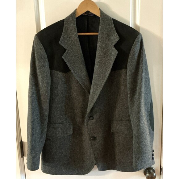 Pendleton Mens Blazer 44 Gray Tweed Wool – Black Suede Elbow Patches & Shoulder - Picture 2 of 14